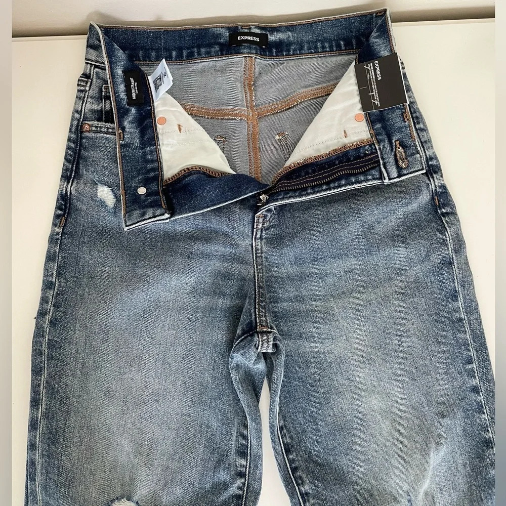 Express Modern Straight Leg Super High Rise Distressed Blue Jeans Women’s 2S NWT - Picture 9 of 14